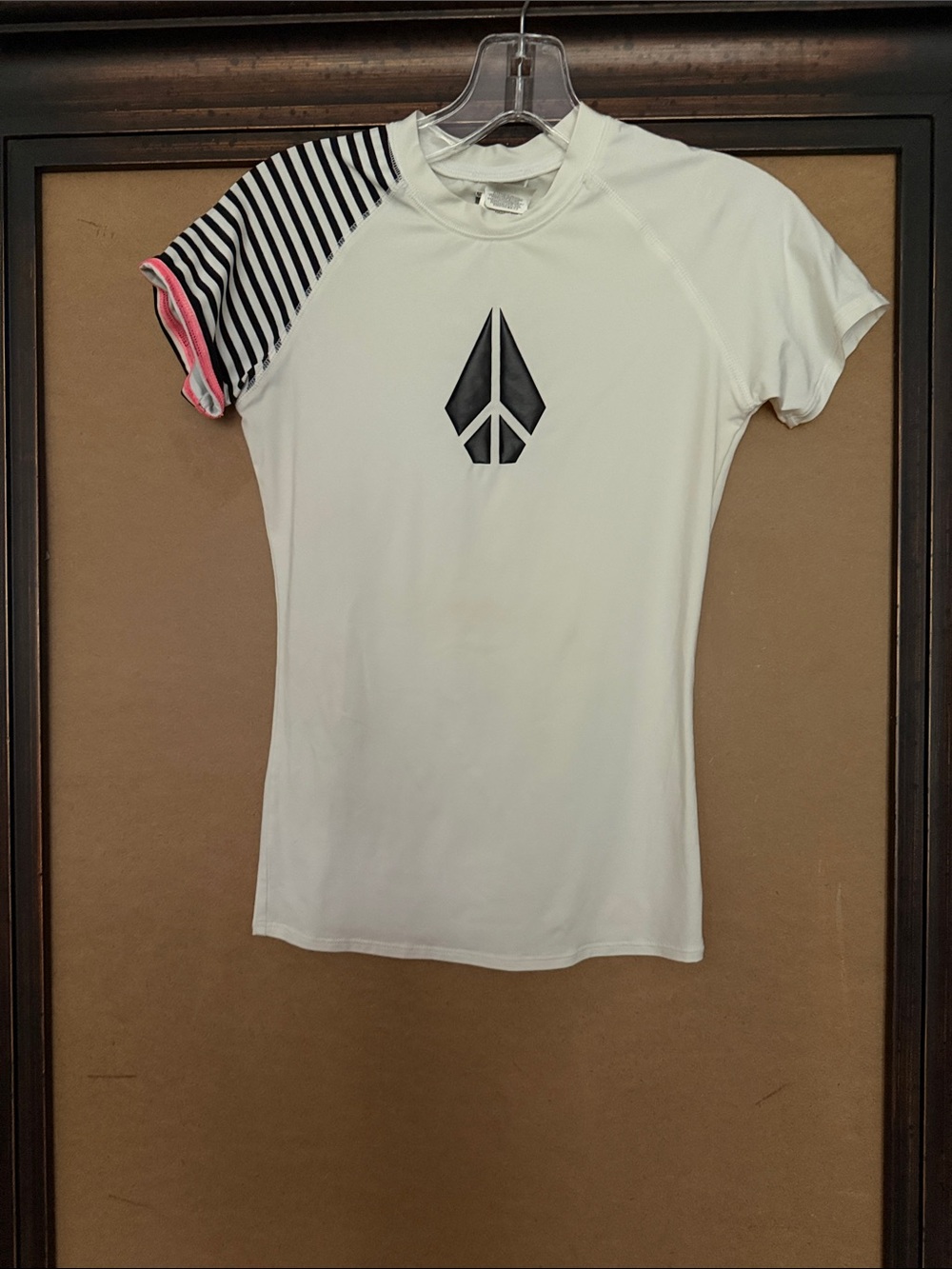 Volcom White Short Sleeve Rashguard with Black & White Striped Sleeve